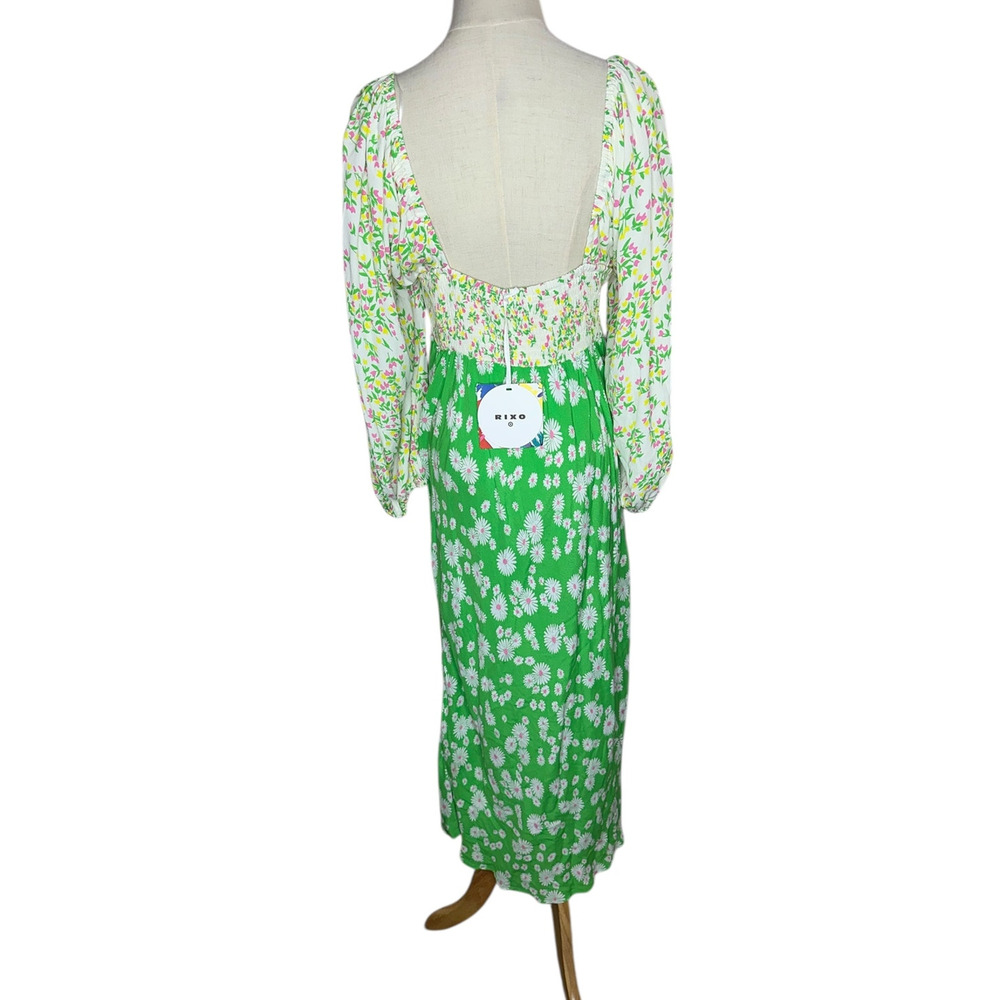 NWT RIXO Target Daisy Green Pink V Neck Floral Rushed Midi Swing Dress Size 12 - Picture 7 of 10